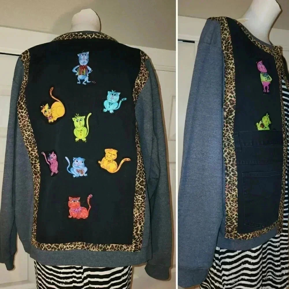 Amazing Handmade Appliqué Cats Sweatshirt Jacket Shacket Oversized Women's XL - Picture 2 of 10